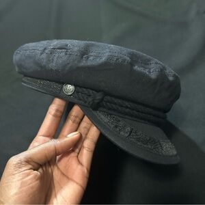 Free People Black Baker Boy Cap with Embossed Button Detail